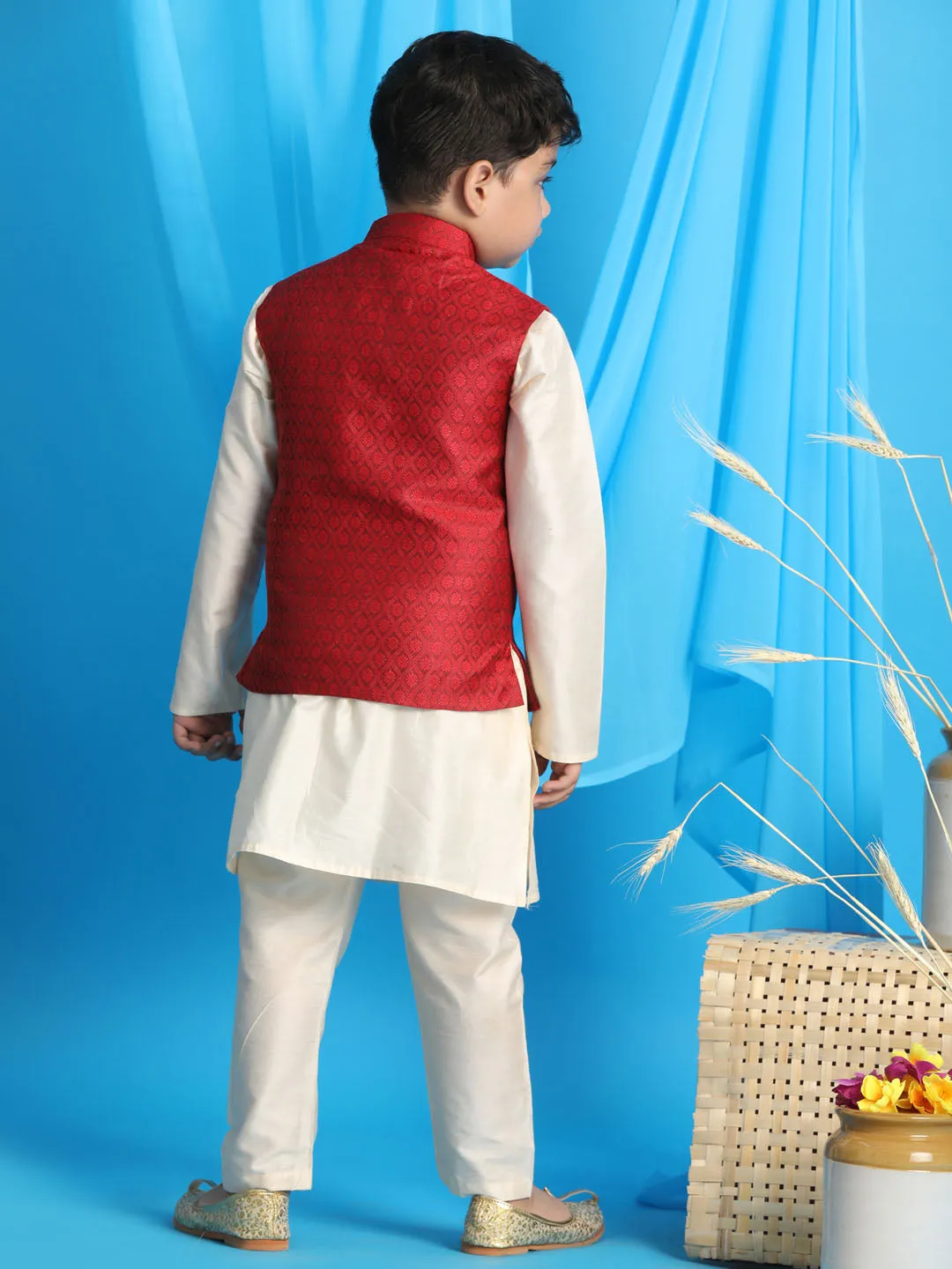 VASTRAMAY Maroon Woven Jacket With Cream Kurta and Pyjama Baap Beta Set