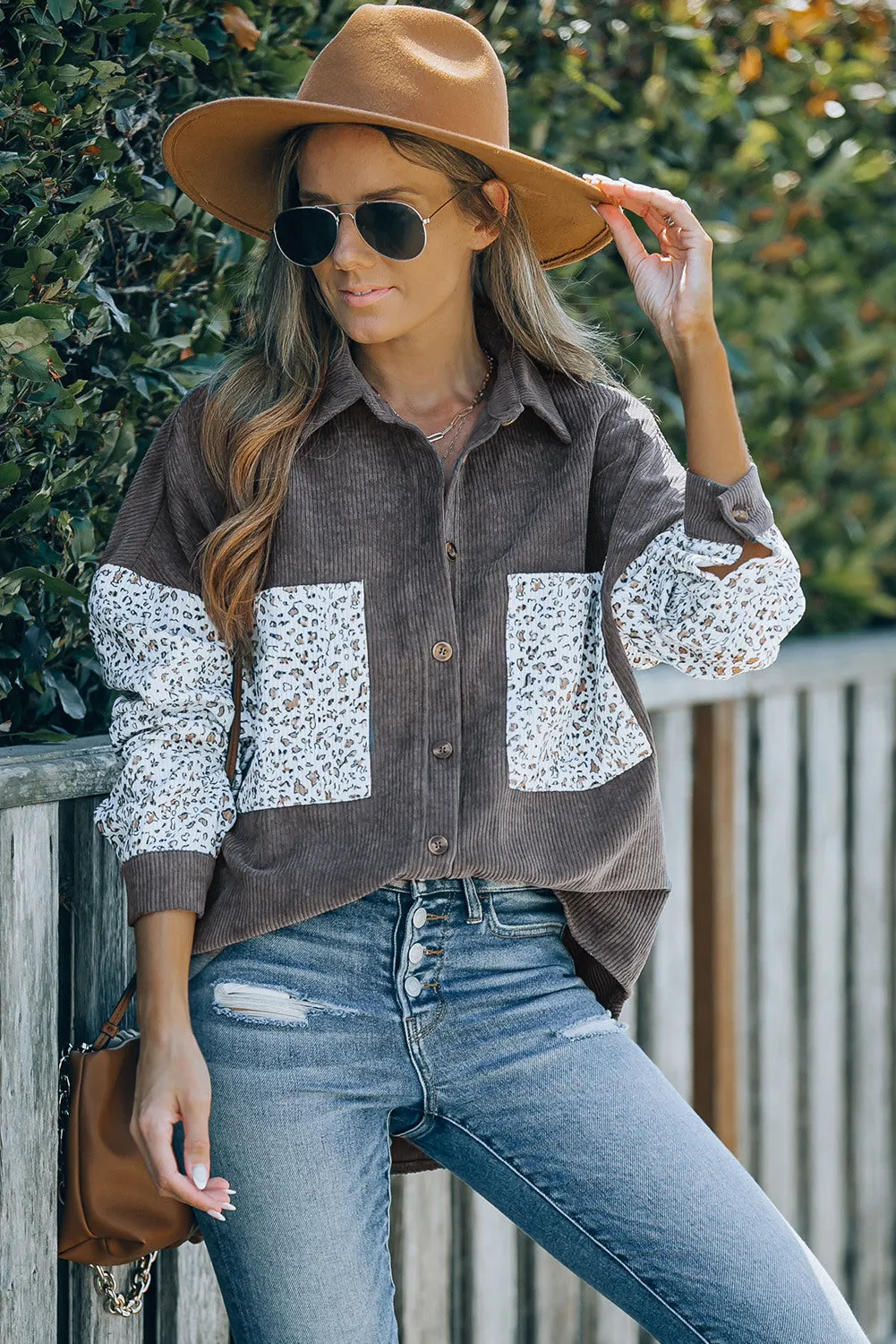 Womens Button Down Corduroy Jacket Leopard Shirt Oversized Blouses Tops