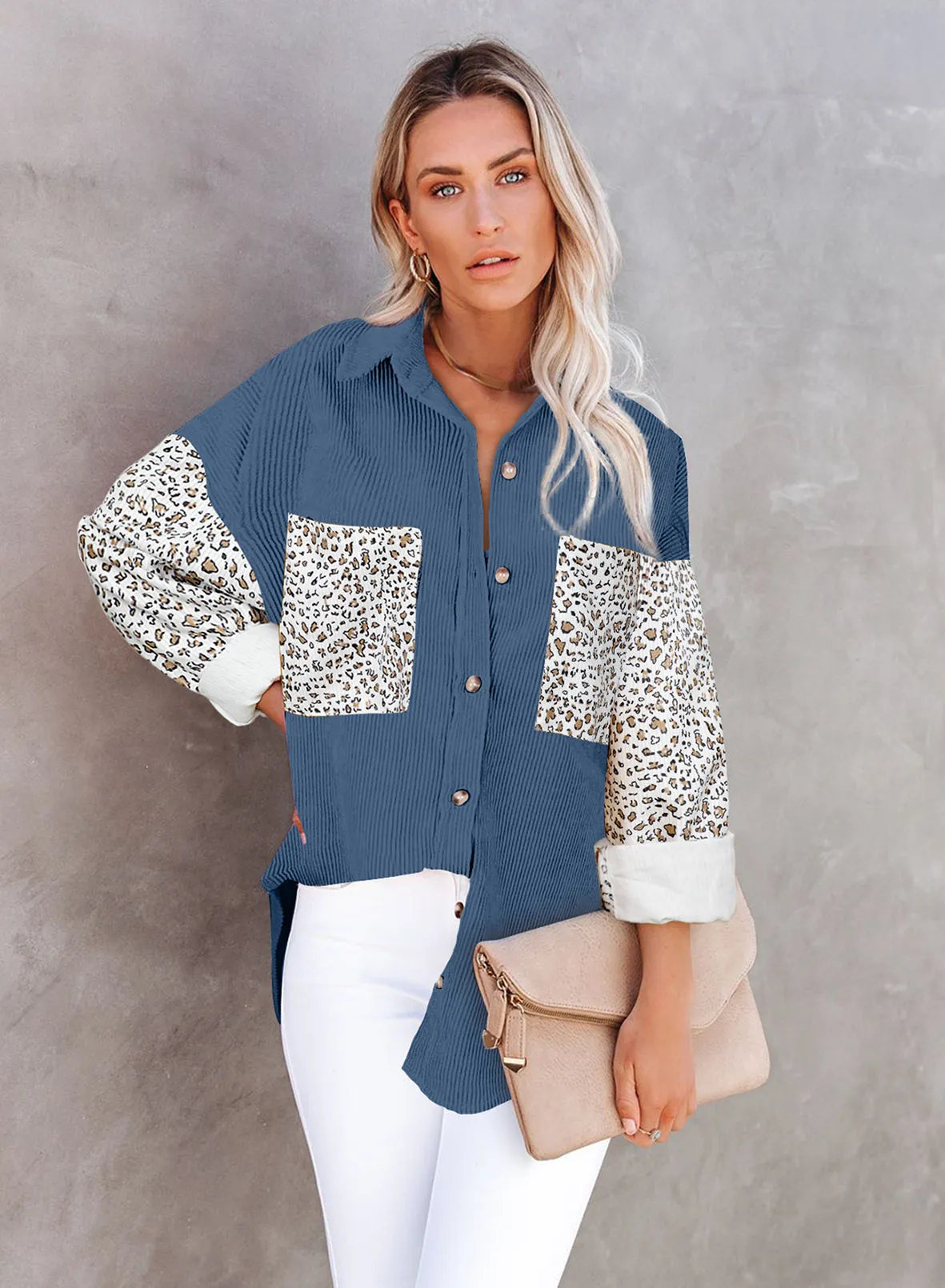 Womens Button Down Corduroy Jacket Leopard Shirt Oversized Blouses Tops