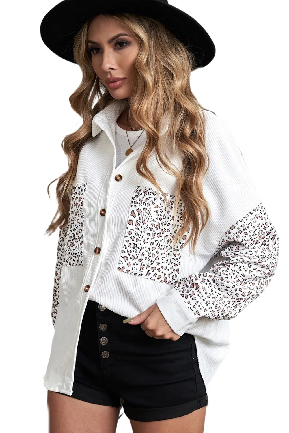 Womens Button Down Corduroy Jacket Leopard Shirt Oversized Blouses Tops