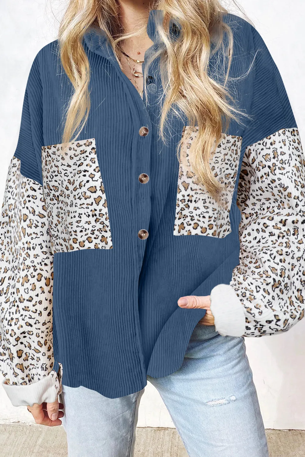 Womens Button Down Corduroy Jacket Leopard Shirt Oversized Blouses Tops