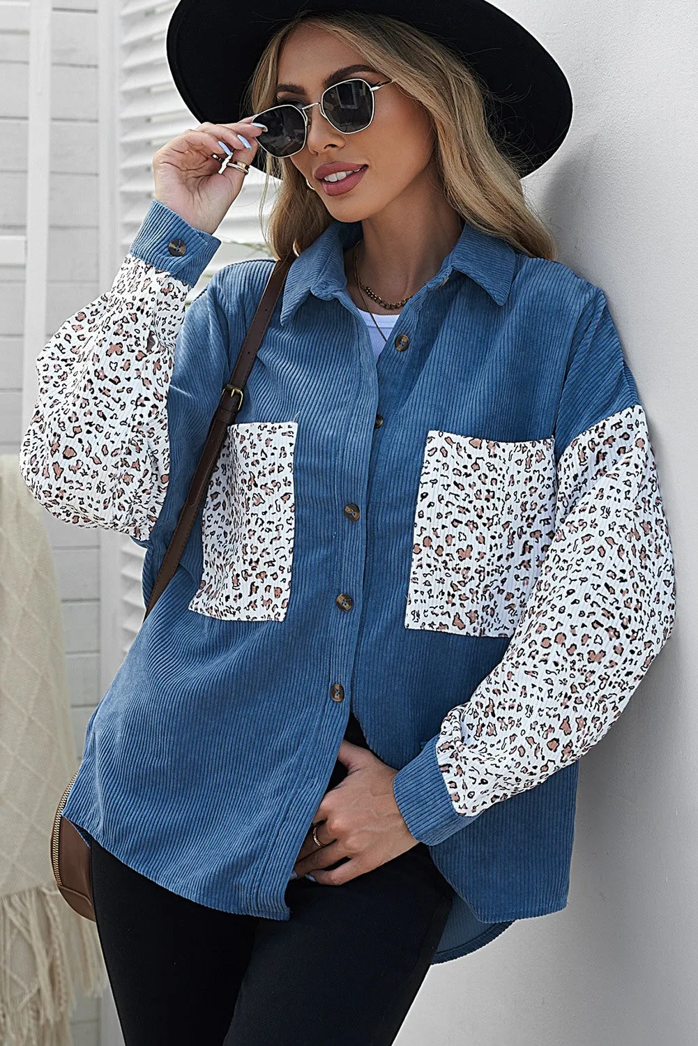 Womens Button Down Corduroy Jacket Leopard Shirt Oversized Blouses Tops