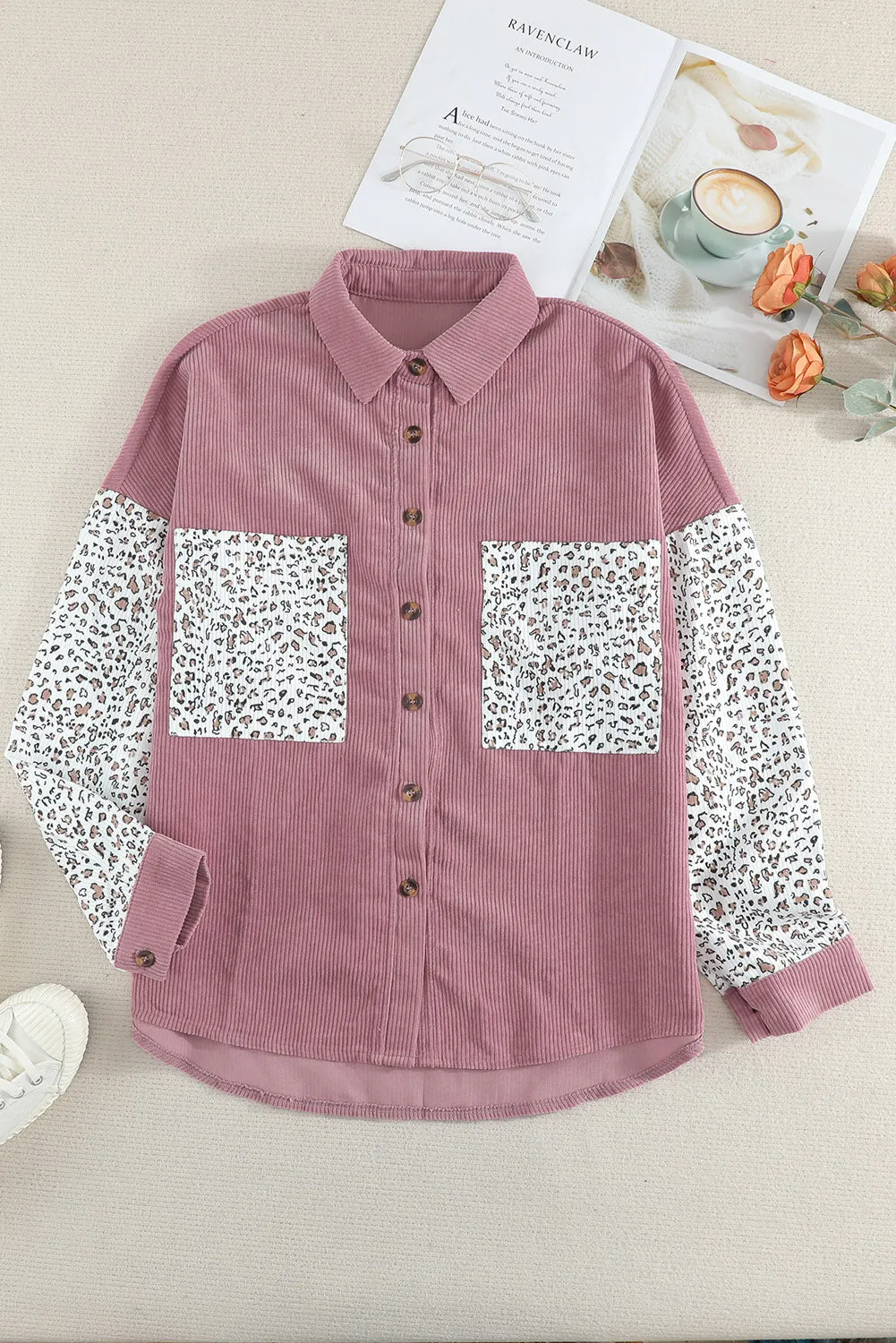 Womens Button Down Corduroy Jacket Leopard Shirt Oversized Blouses Tops