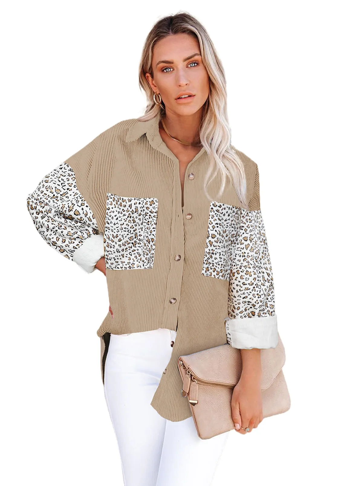 Womens Button Down Corduroy Jacket Leopard Shirt Oversized Blouses Tops