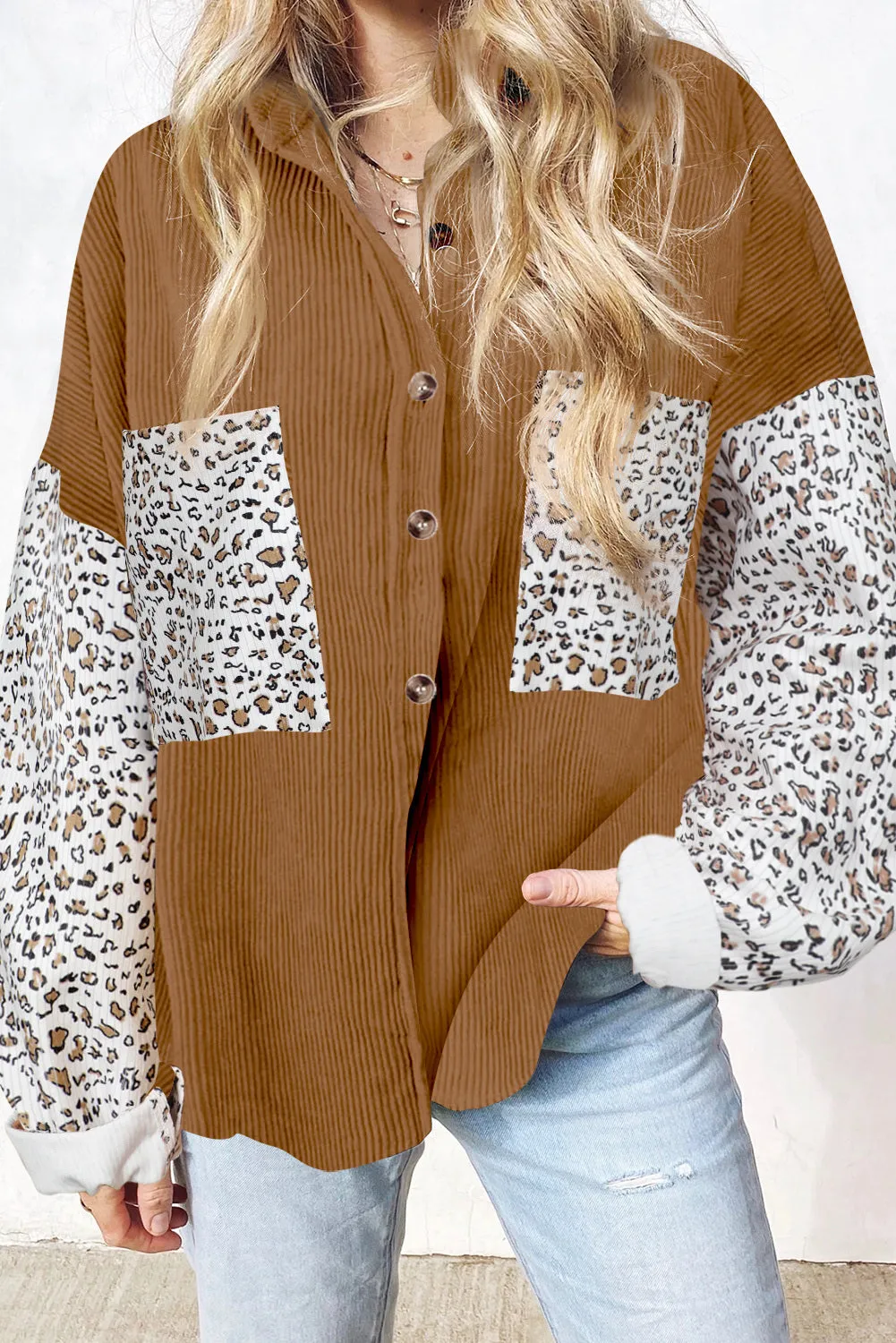 Womens Button Down Corduroy Jacket Leopard Shirt Oversized Blouses Tops