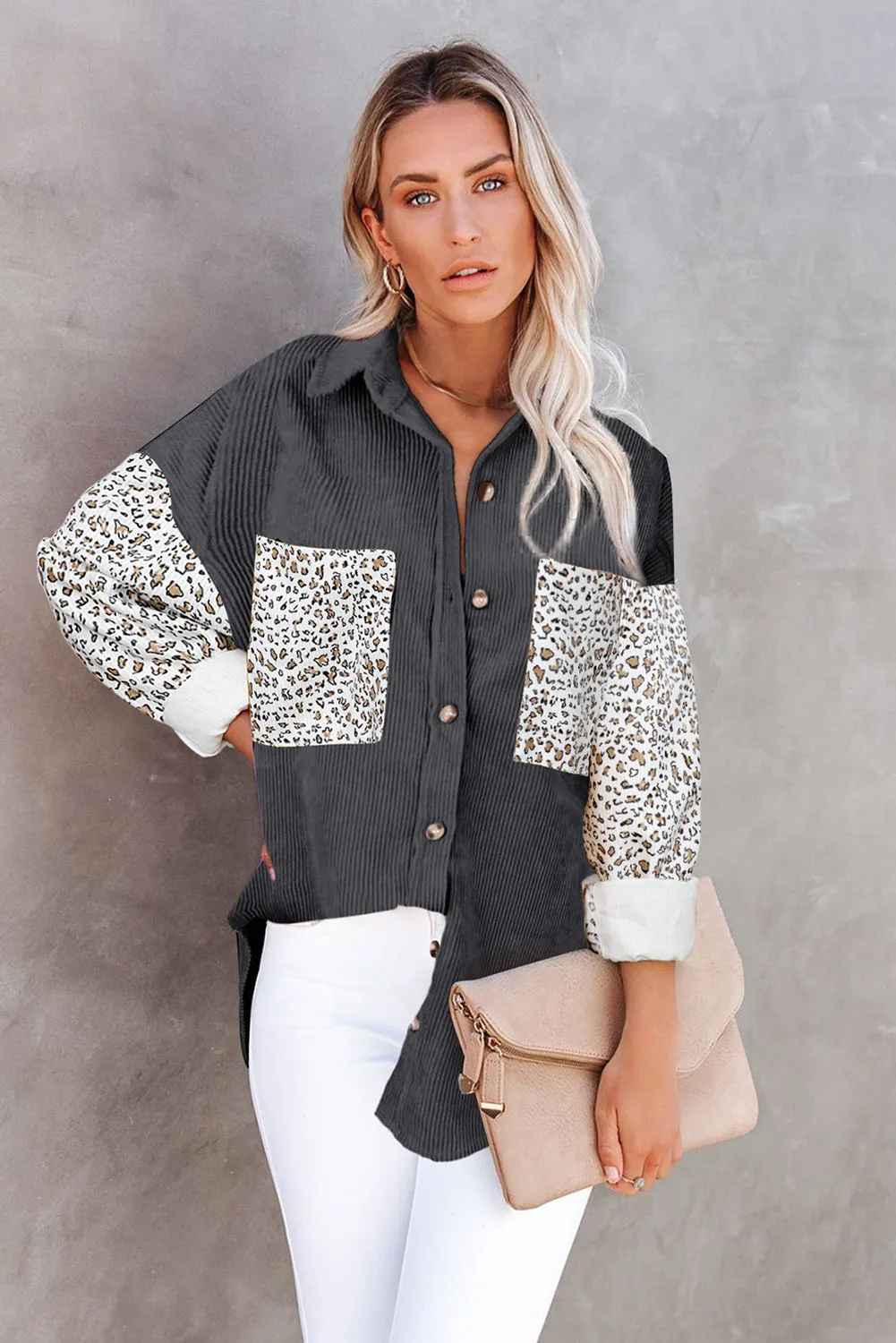 Womens Button Down Corduroy Jacket Leopard Shirt Oversized Blouses Tops