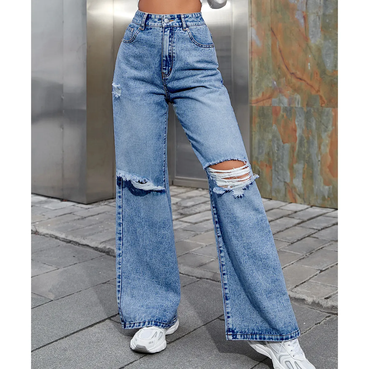 Women's Casual Loose Denim Ripped Wide Leg Pants - Pieta Pants